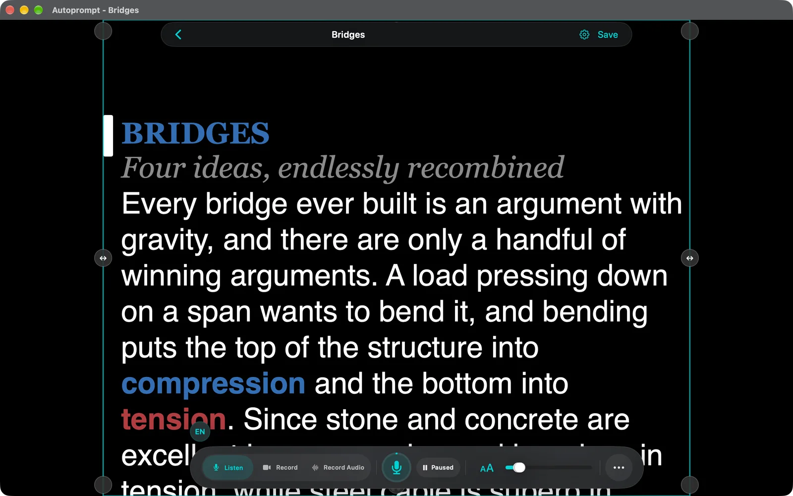 Teleprompter with margin guides pulled in from the left and right so the text column is narrower