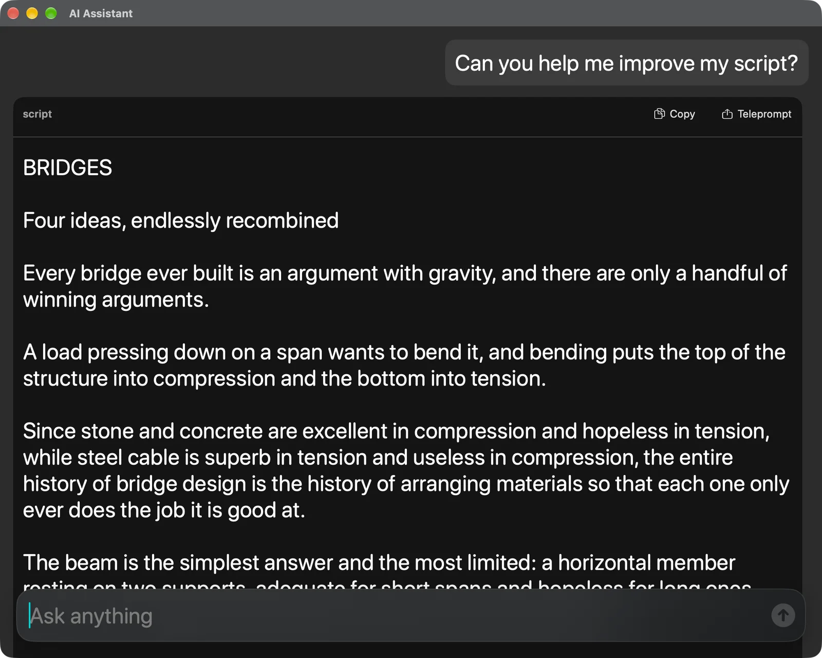AI Assistant window showing an improved version of the script with Copy and Teleprompt buttons and an Ask anything field