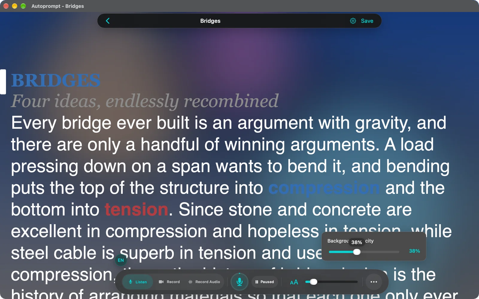 Teleprompter window with its black background made partly transparent so the desktop shows through behind the text