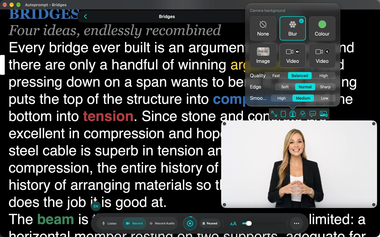 Camera background picker with None, Blur, Colour, Image and two Video tiles, plus Quality, Edge and Smoothness options
