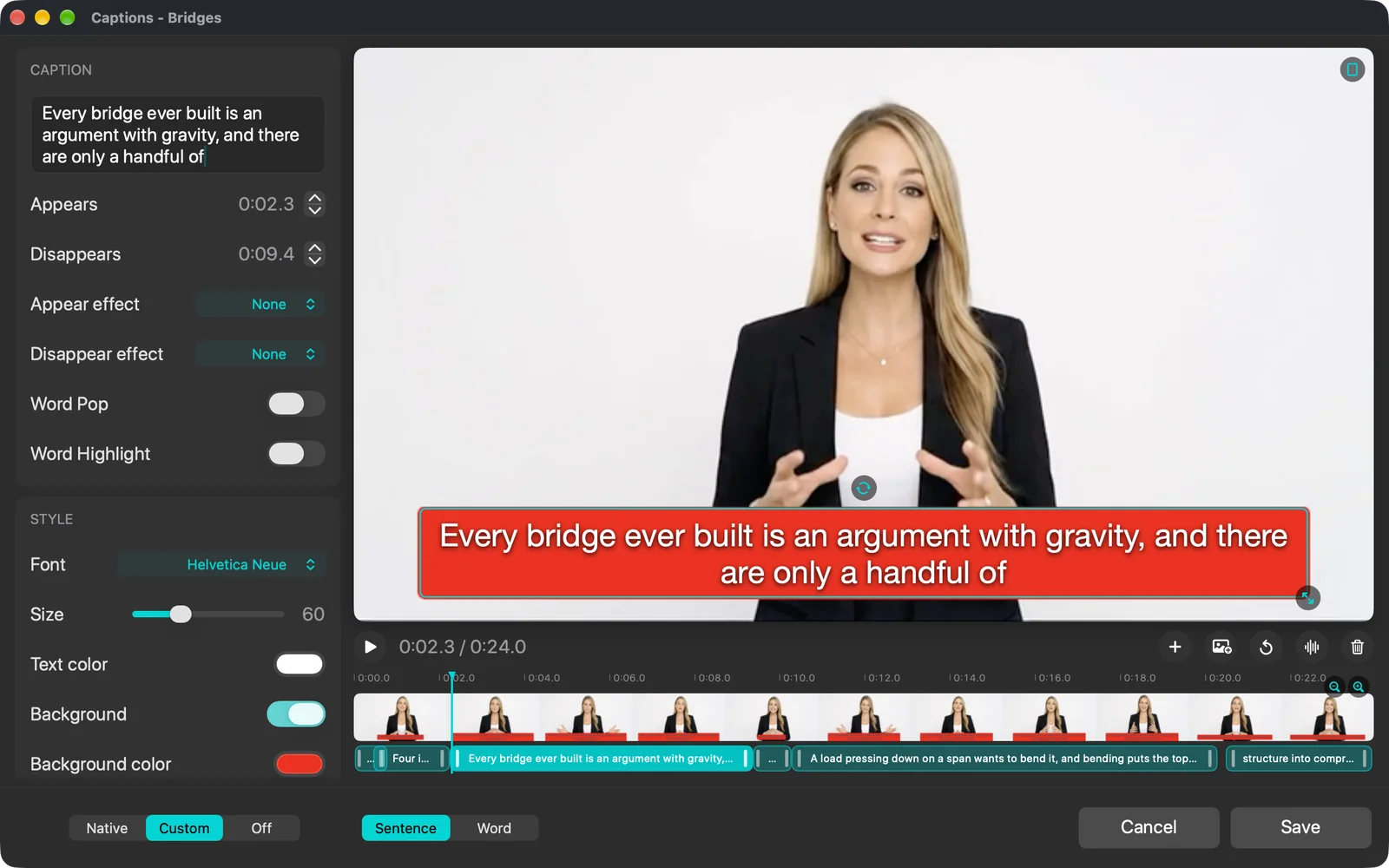 Captions editor with the caption text and timing on the left, the video preview with a selected caption, and a timeline of caption blocks underneath
