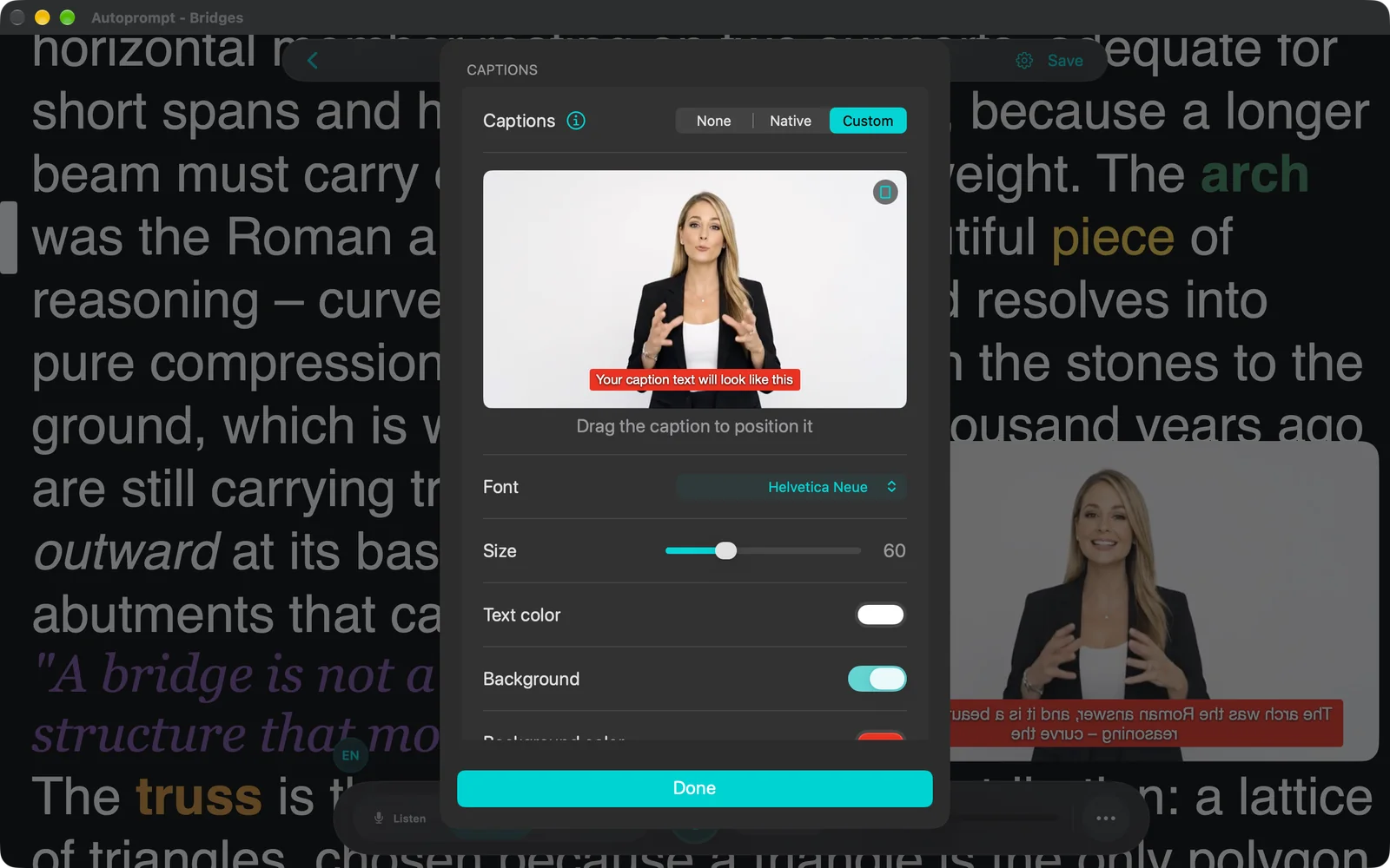 Captions sheet with None, Native and Custom, a preview, and font, size, colour and background options