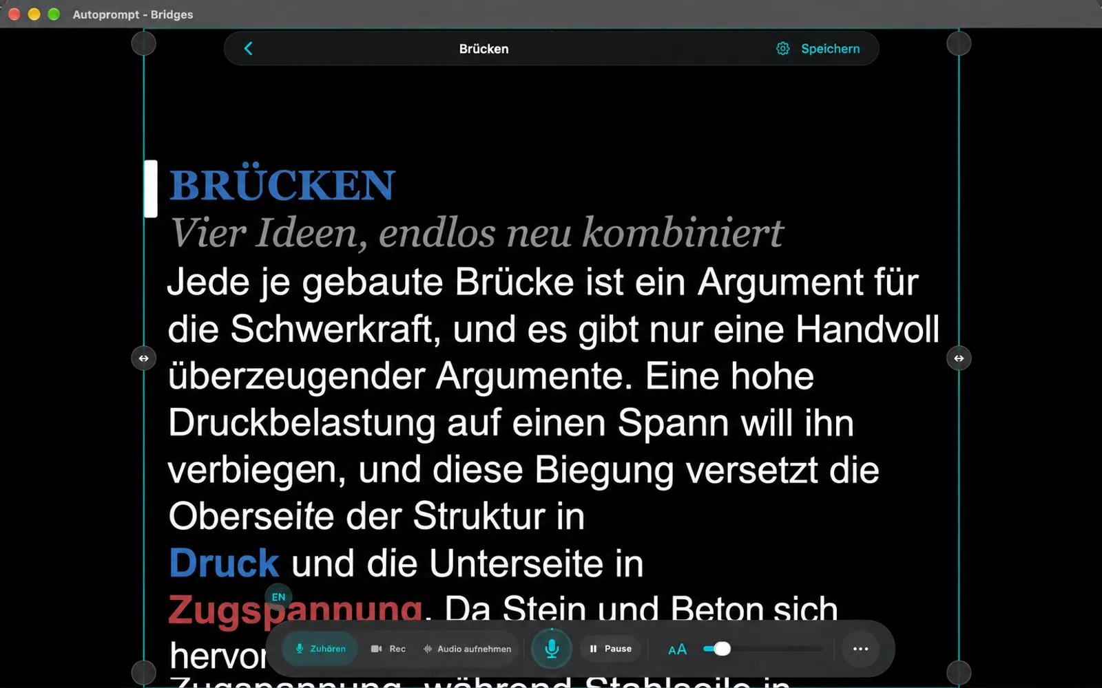 Teleprompter mit Randführern, die von links und rechts gezogen werden, damit die Textspalte schmaler ist