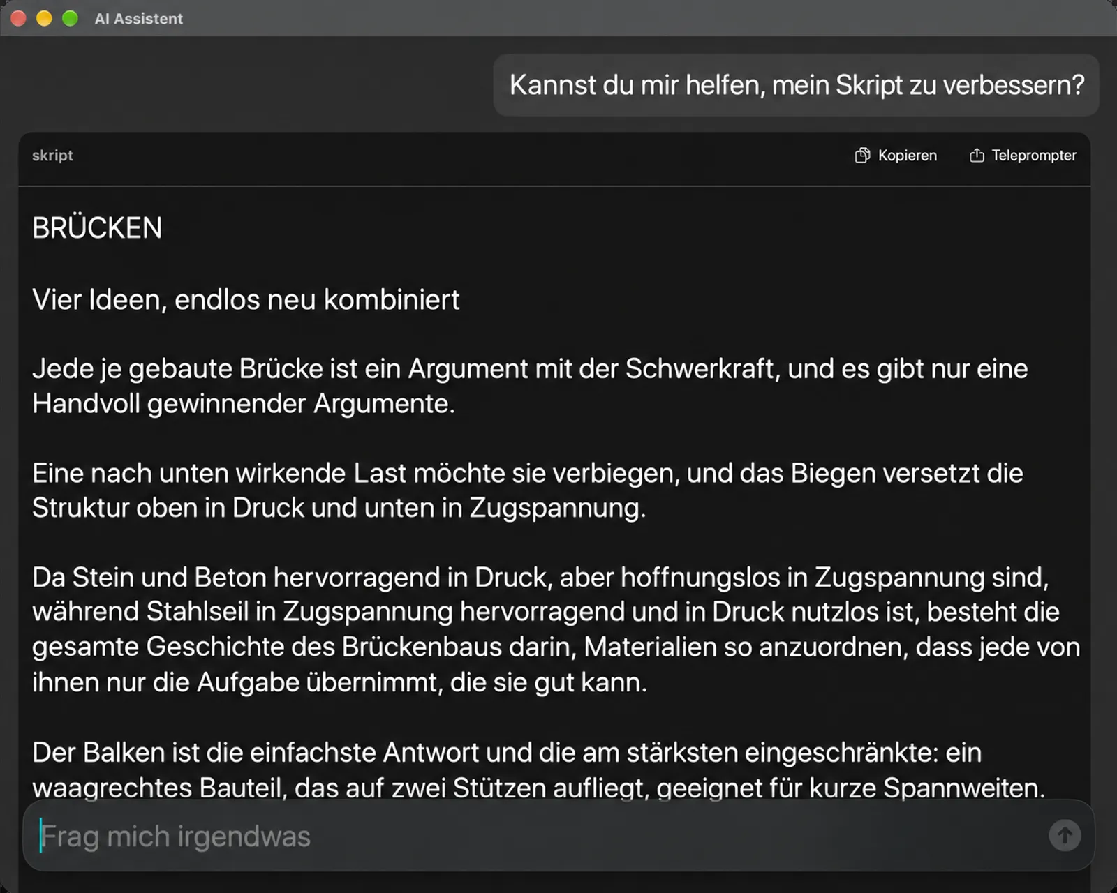 AI Assistant-Fenster, das eine verbesserte Version des Skripts mit Kopier- und Teleprompt-Buttons und einem Feld „Alles fragen“ zeigt.