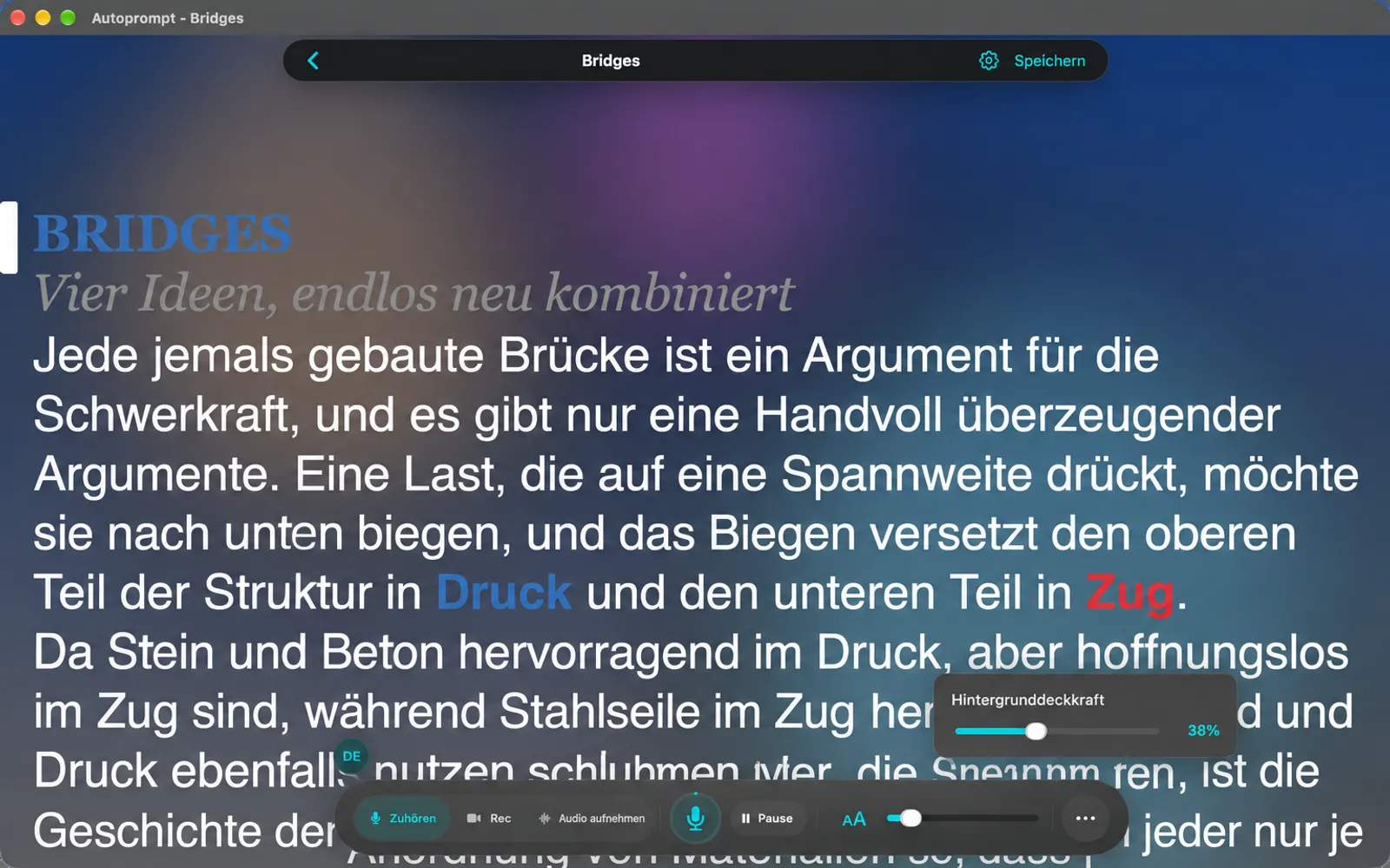 Teleprompter-Fenster mit seinem schwarzen Hintergrund, das teilweise durchsichtig gemacht wurde, damit der Desktop hinter dem Text durchscheint.