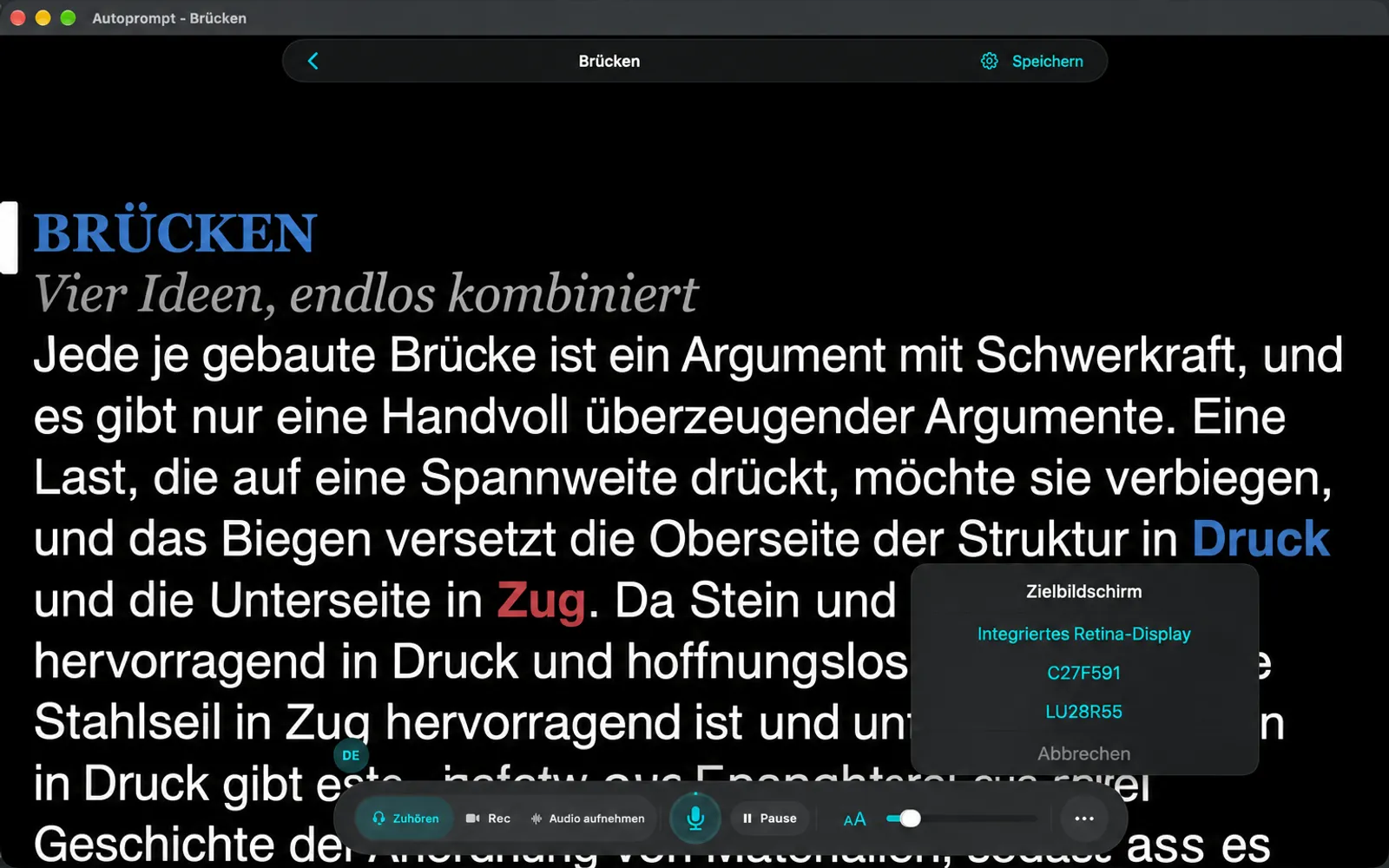 Zielbildschirm-Karte mit der Auflistung der angeschlossenen Displays: Integriertes Retina-Display, C27F591 und LU28R55, mit einer Stopp-Taste