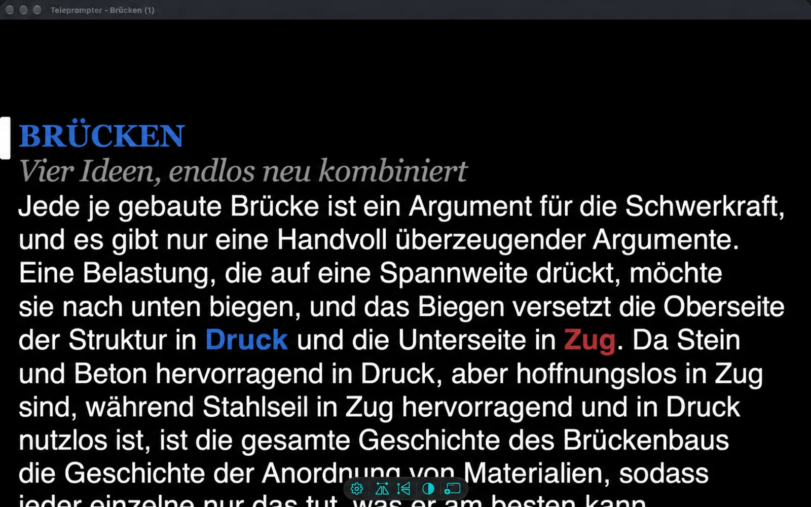 Das doppelte Prompter-Fenster, das denselben Skriptcode wie das Hauptfenster anzeigt, mit einer kleinen Leiste mit fünf Schaltflächen unten.