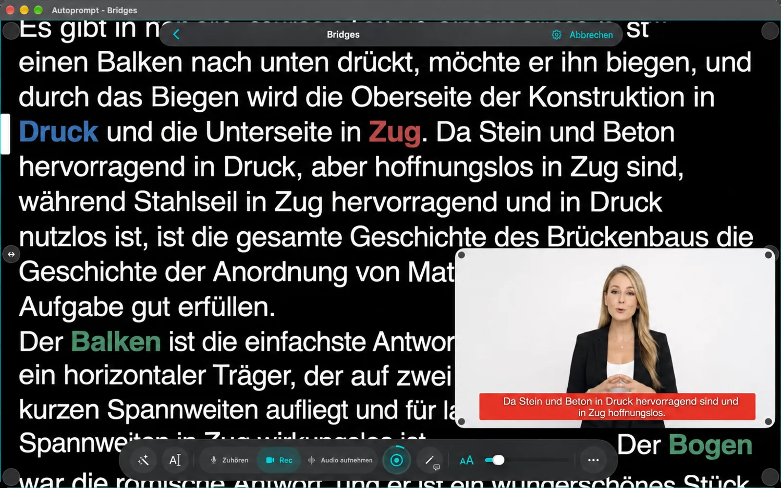 Ein Skript im Bearbeitungsmodus mit Randhilfen um den Text herum und die KI-Assistenten und Schriftart-Buttons in der unteren Arbeitsleiste hinzugefügt