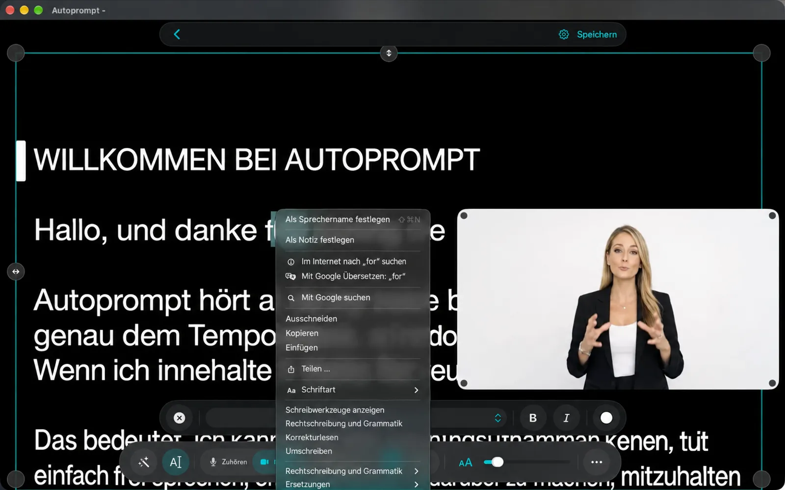 Rechtsklick-Menü im Editor mit Hinzufügen des Sprechernamens, Hinzufügen einer Anmerkung, Schneiden, Kopieren und Einfügen