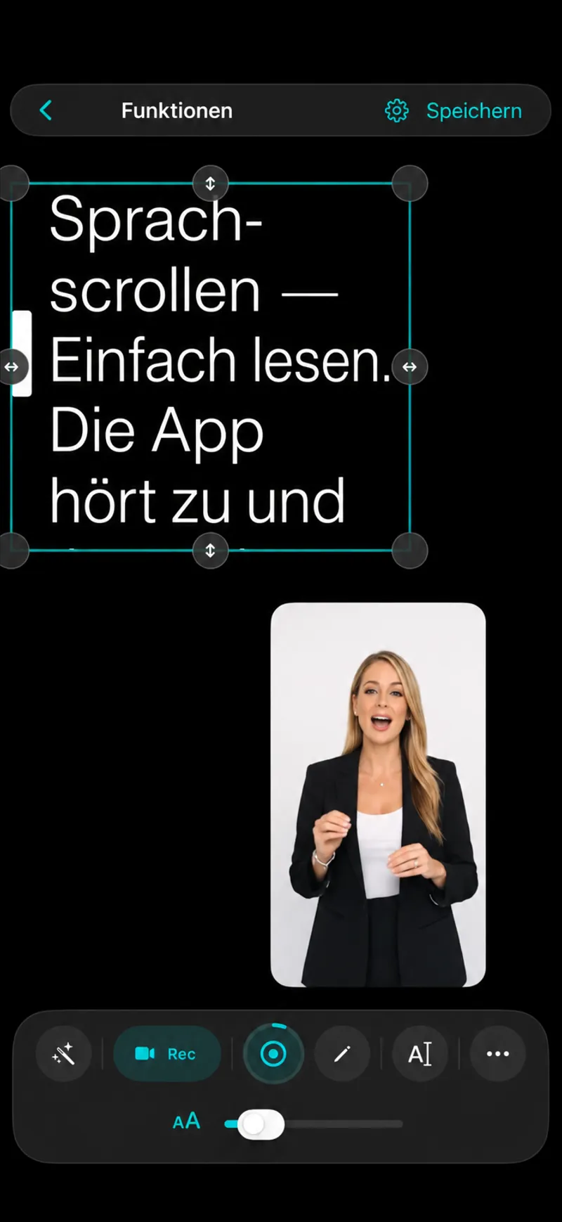 Autoprompt auf dem iPhone mit der Kamera-Selbstansicht unterhalb des Skripts und einer Zwei-Zeilen-Symbolleiste