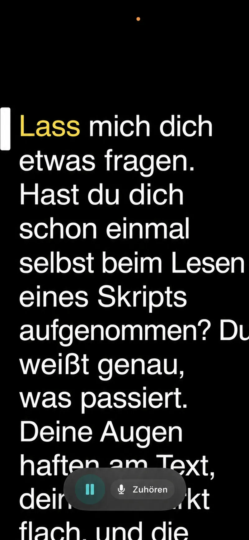 Autoprompt auf dem iPhone im Hörmodus mit dem hervorgehobenen Wort und der zusammengeklappten Menüleiste