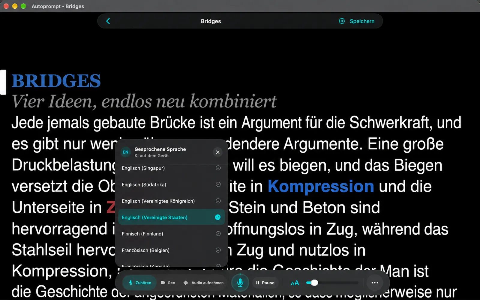 Liste der gesprochenen Sprachen auf der Sprachkarte mit Englisch (Vereinigte Staaten) ausgewählt und auf dem Gerät mit KI markiert