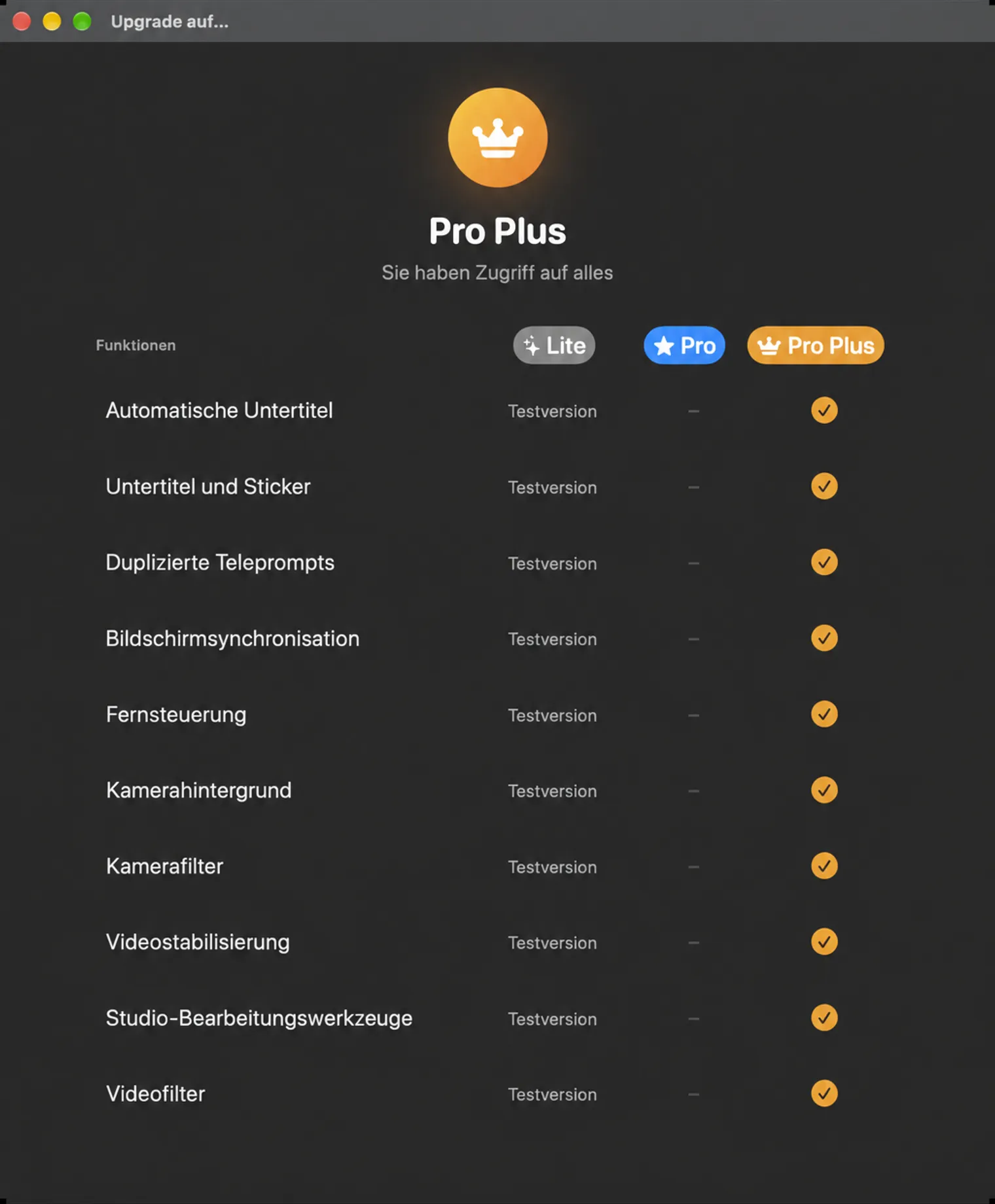 Funktionen der Vergleichsliste für Pläne für Lite, Pro und Pro Plus