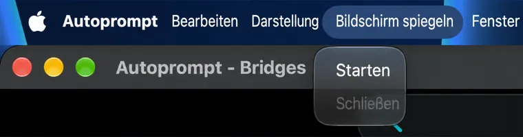 Das ScreenMirror-Menü in der macOS-Menüleiste mit den Optionen Start, Schließen, Drehen, Spiegeln und Vollbild