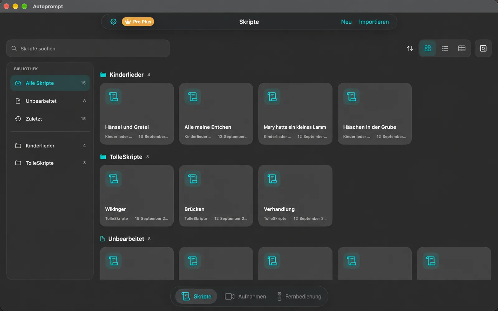Das Hauptfenster von Autoprompt, das die Scripts-Bibliothek mit Ordnern in einer Seitenleiste und Scripts als Kacheln zeigt