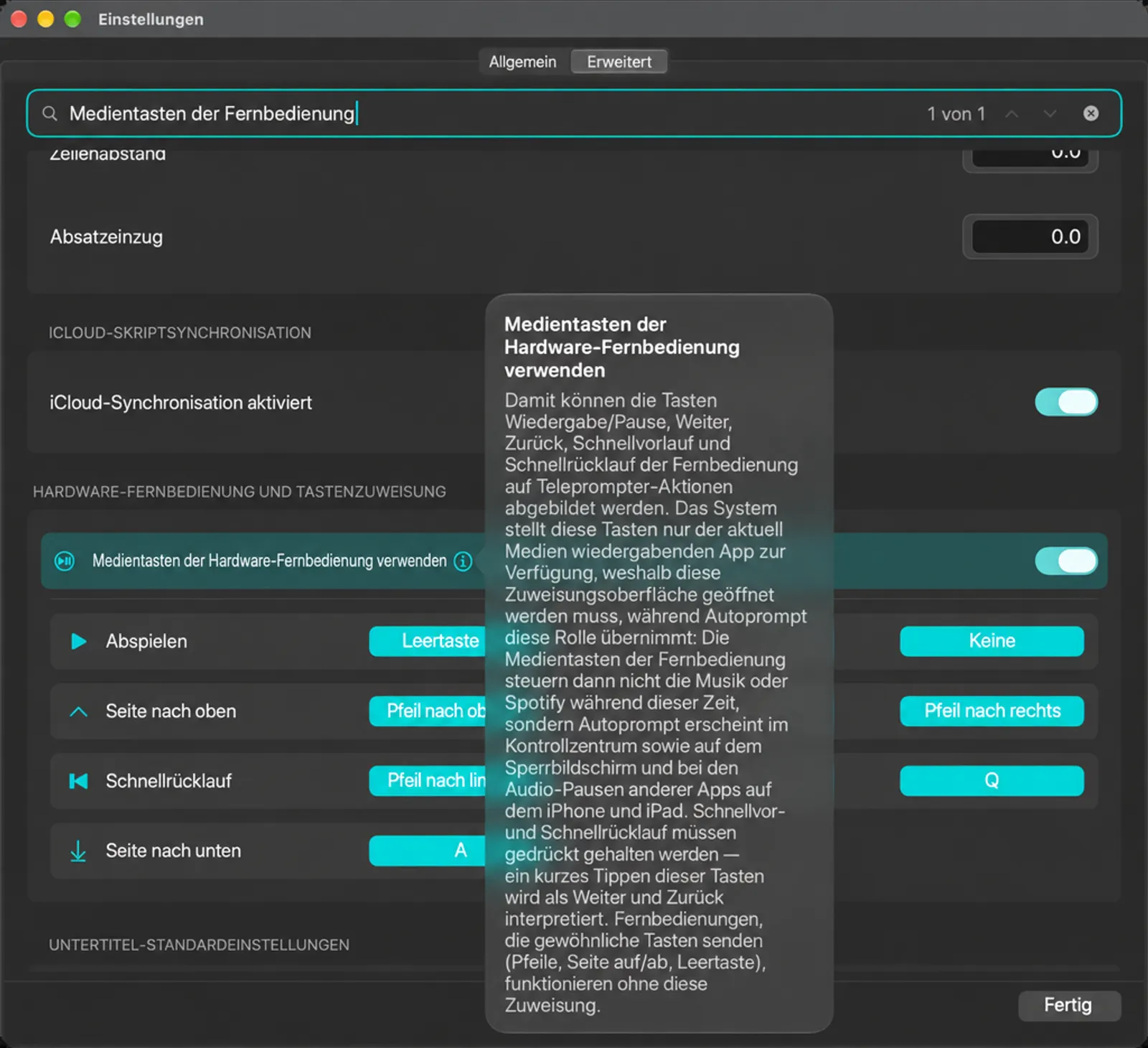 Die Medientasten auf dem Hardware-Fernbedienungstaster mit geöffnetem Informationstext verwenden