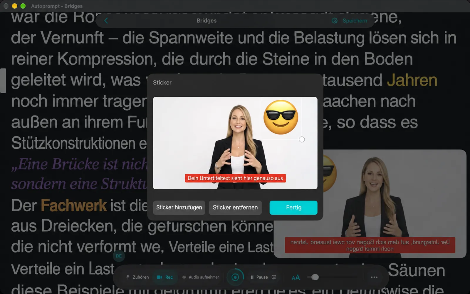 Auf dem Kameravorschaubild angebrachtes Aufkleberblatt mit einem Sonnenbrillen-Emoji sowie die Schaltflächen Aufkleber hinzufügen, Aufkleber entfernen und Fertig