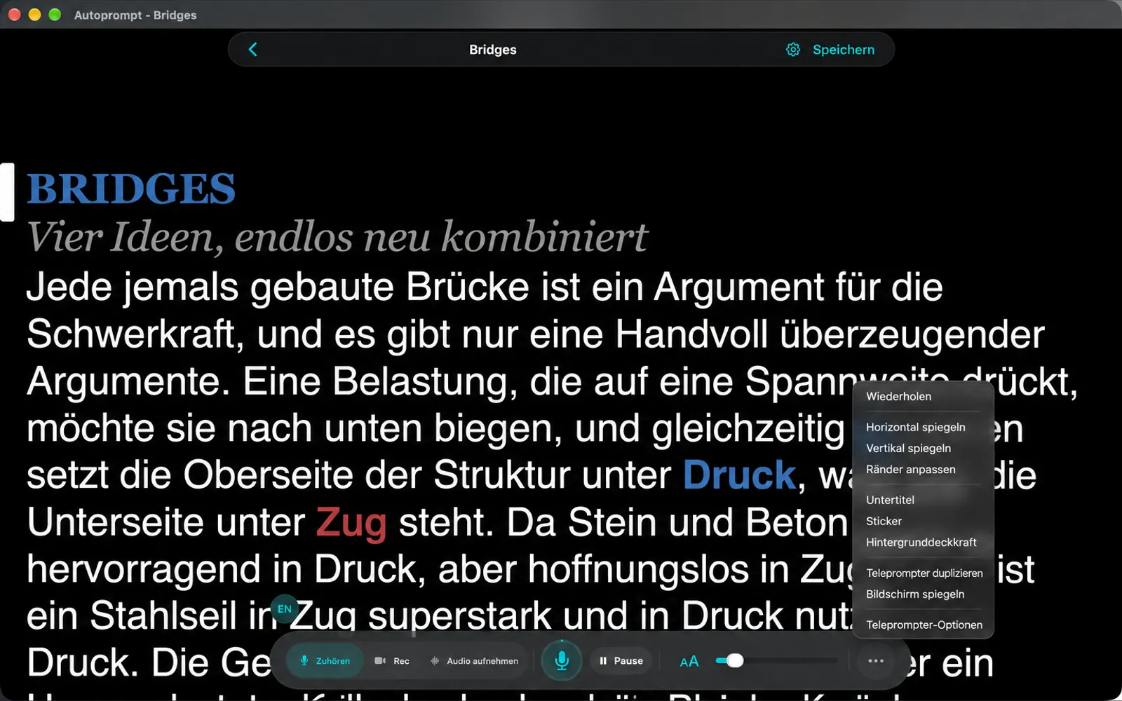 Weitere Menüoptionen: Loop, Spiegel horizontal, Spiegel vertikal, Ränder anpassen, Untertitel, Aufkleber, Hintergrunddichte, Duplikate von Prompern, Bildschirmspiegel und Teleprompter-Optionen