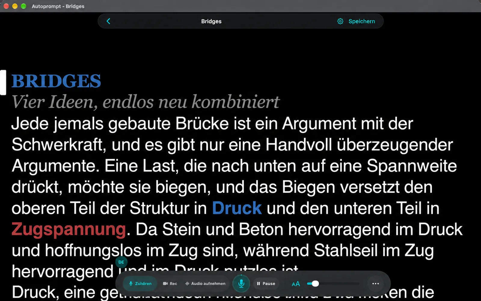 Der Teleprompter, der den Bridges-Skript mit der Navigationsleiste oben und der Menüleiste unten zeigt