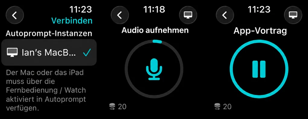 Drei Apple Watch-Bildschirme: Auswahl eines Geräts, eine Mikrofon-Starttaste mit Fortschrittsbringer und eine Stopptaste