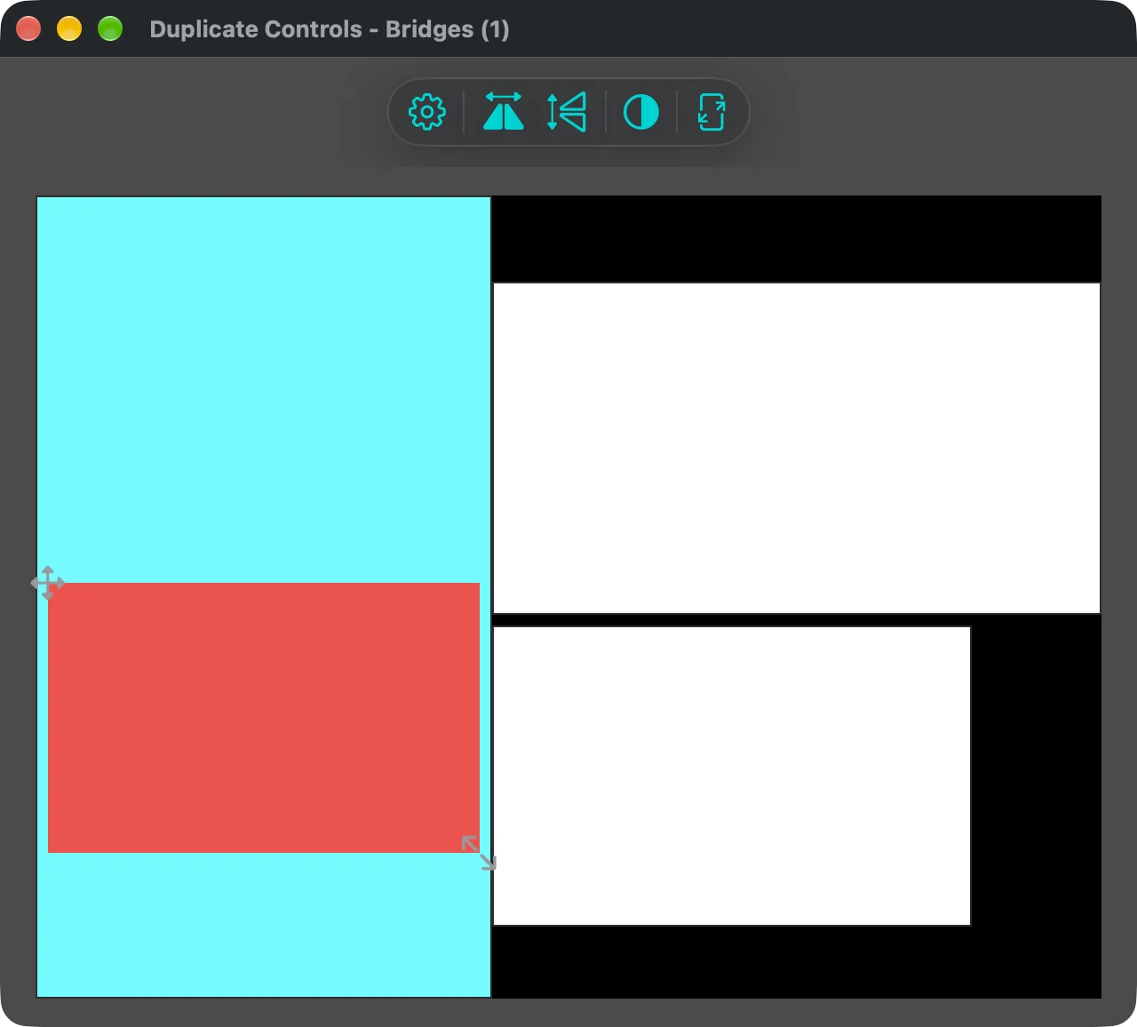 Duplicate Controls window with a row of buttons and a map of three displays; the duplicate window is drawn as a red rectangle with move and resize handles