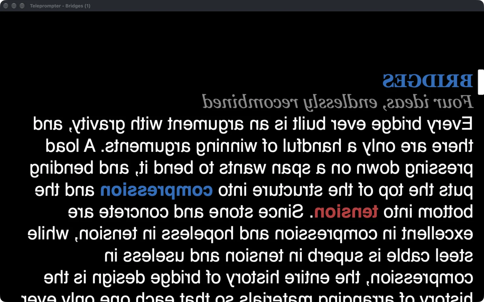 The duplicate prompter window with its text mirrored left to right