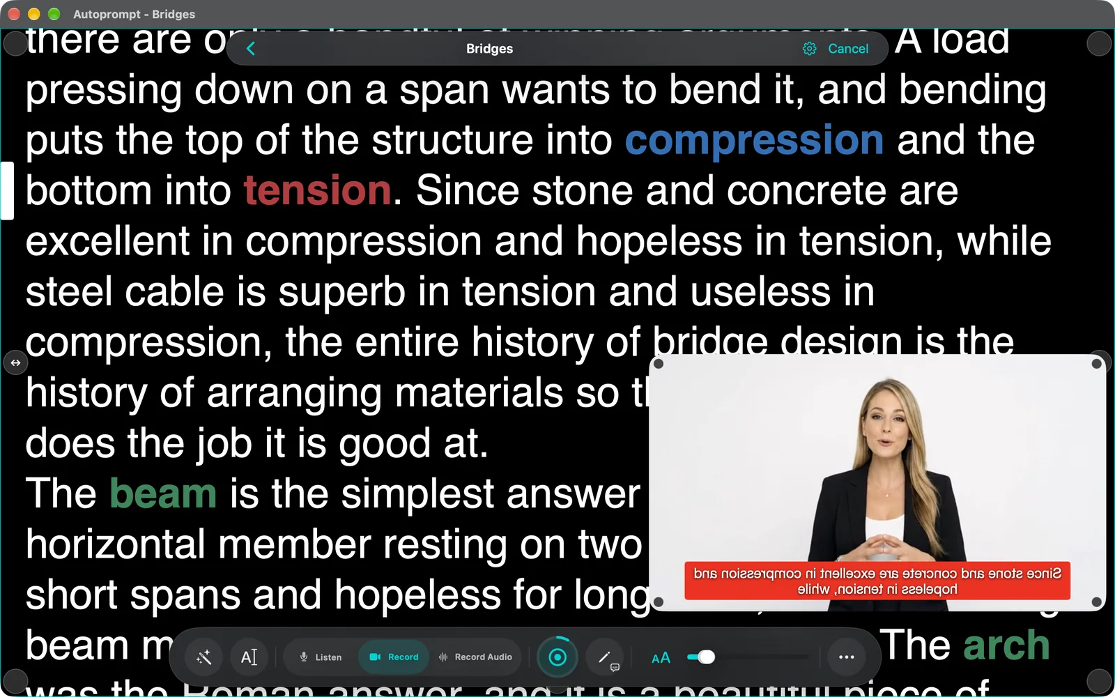 A script in edit mode with margin handles around the text, and the AI assistant and font buttons added to the bottom toolbar