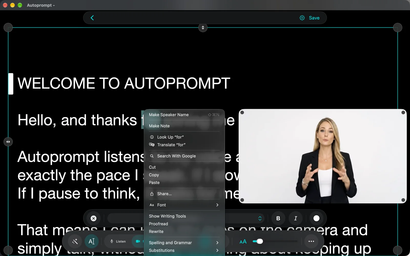 Right-click menu in the editor with Add Speaker Name, Add Note, Cut, Copy and Paste