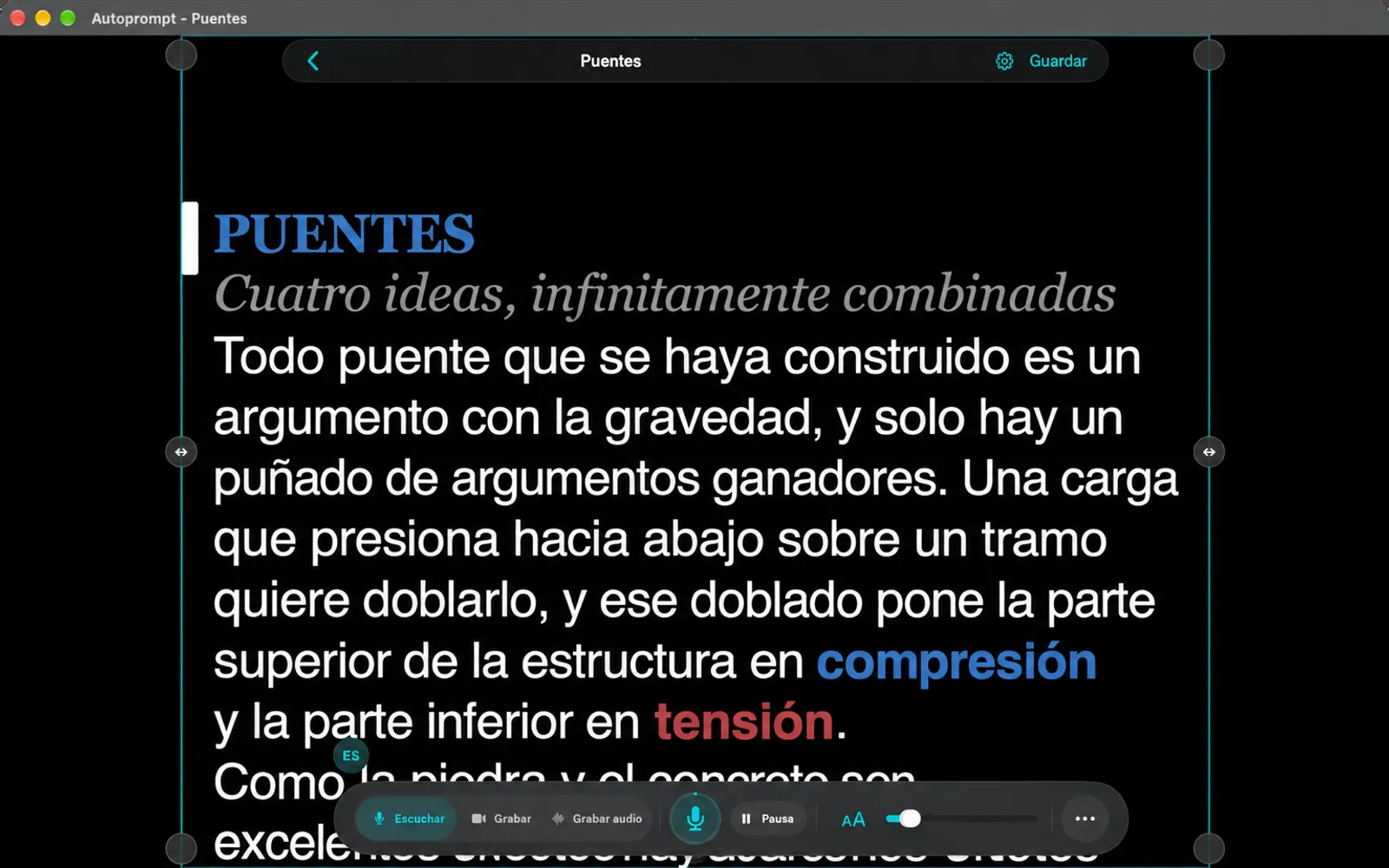 Telepromotor con guías de márgenes extraídas de la izquierda y de la derecha para que la columna de texto sea más estrecha