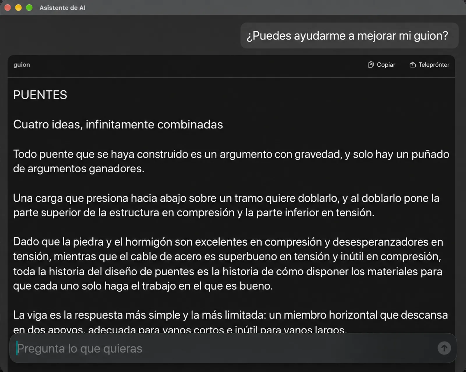 Panel del Asistente de IA que muestra una versión mejorada del script con botones Copiar y Teleprometido y un campo Preguntar cualquier cosa