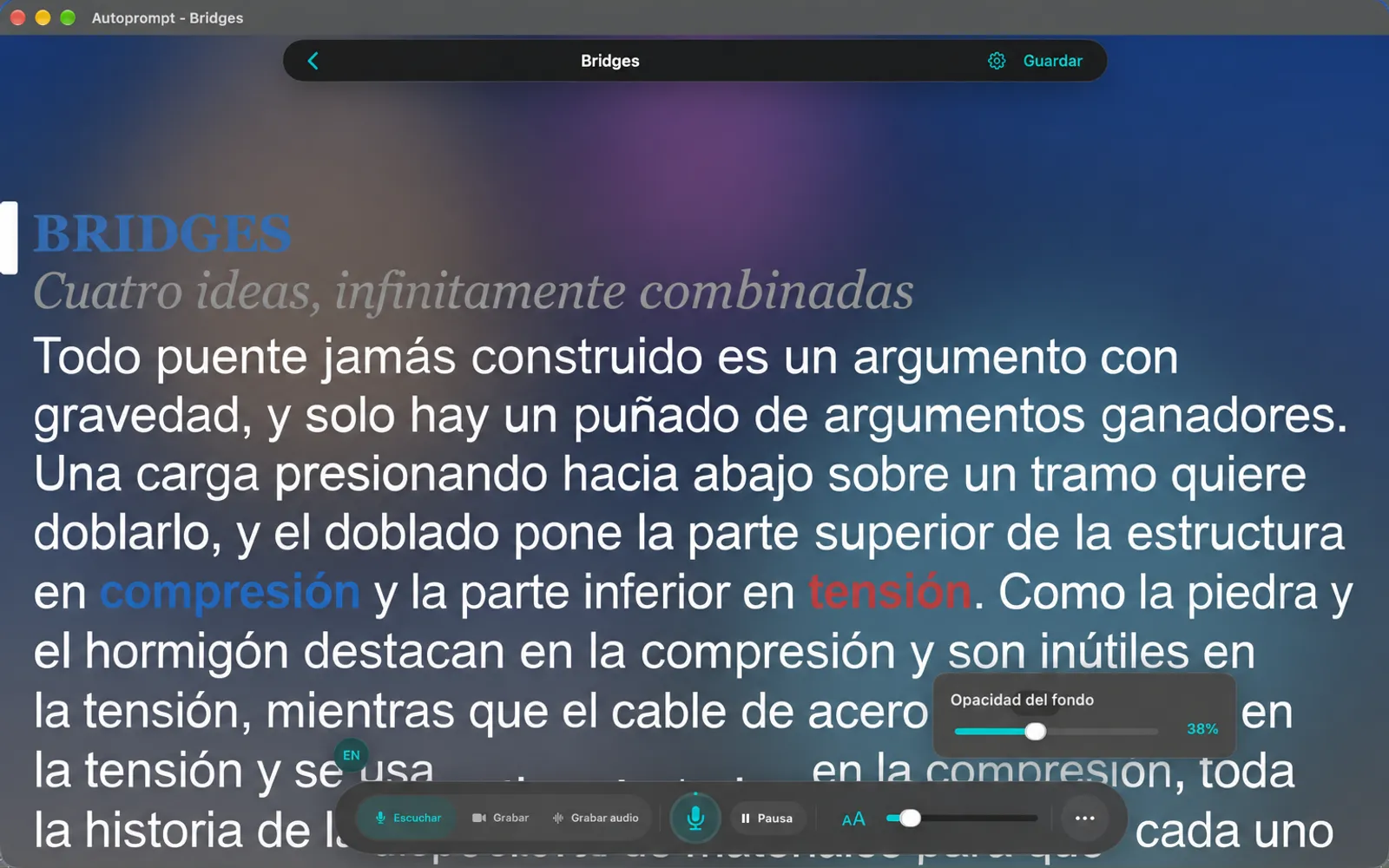 Ventana de telepromotor con fondo negro parcialmente transparente para que el escritorio se vea a través detrás del texto