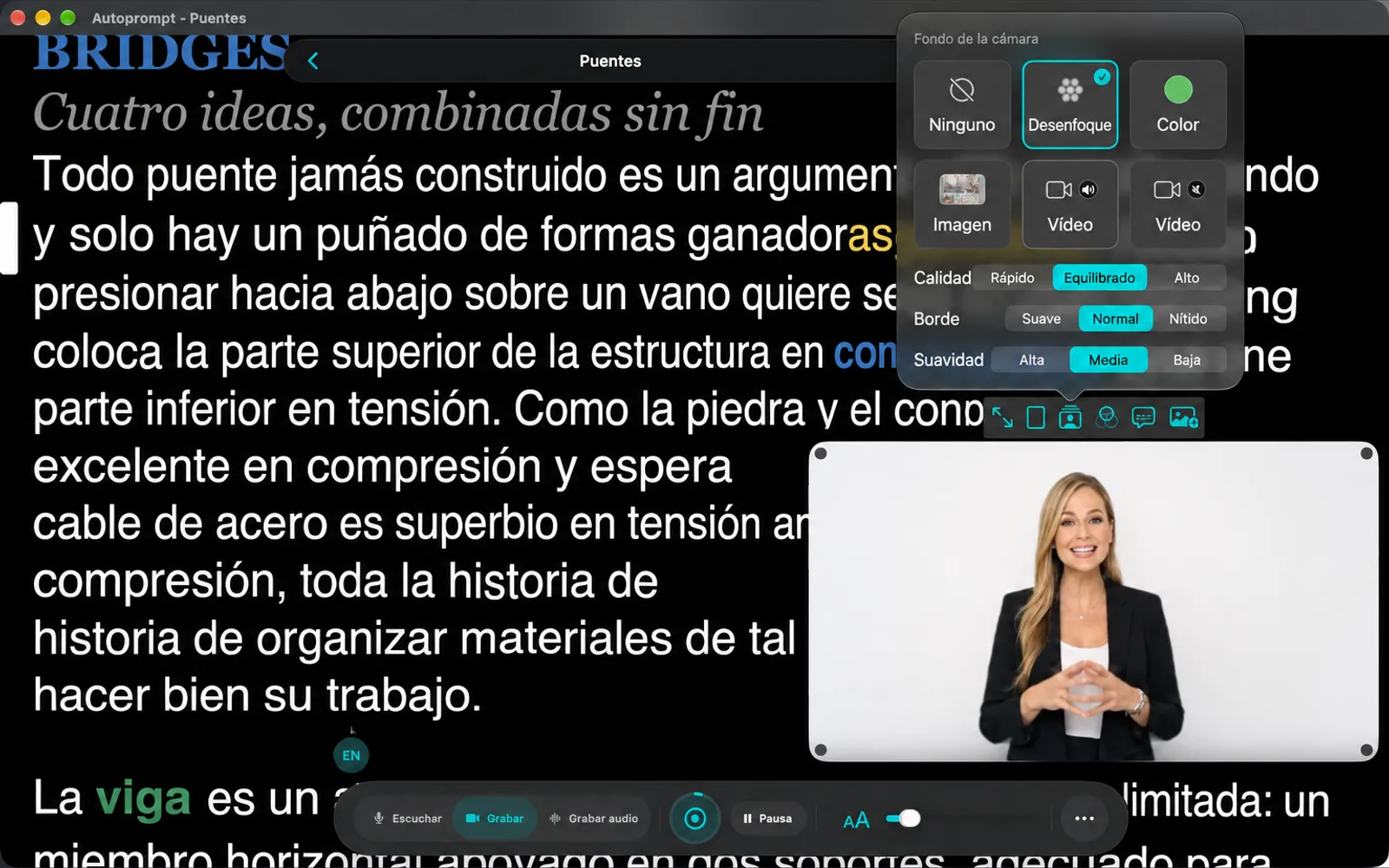 Selector de fondo de cámara con Ninguno, Desenfoque, Color, Imagen y dos fichas de vídeo, además de opciones de Calidad, Bordes y suavidad