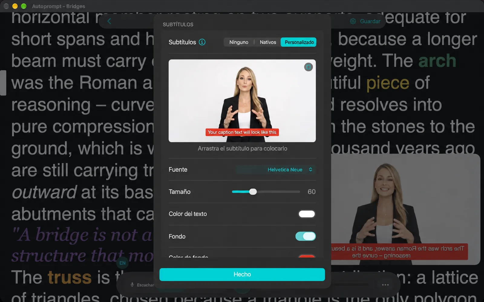 Hoja de subtítulos con Ninguno, Nativo y Personalizado, una vista previa y opciones de fuente, tamaño, color y fondo