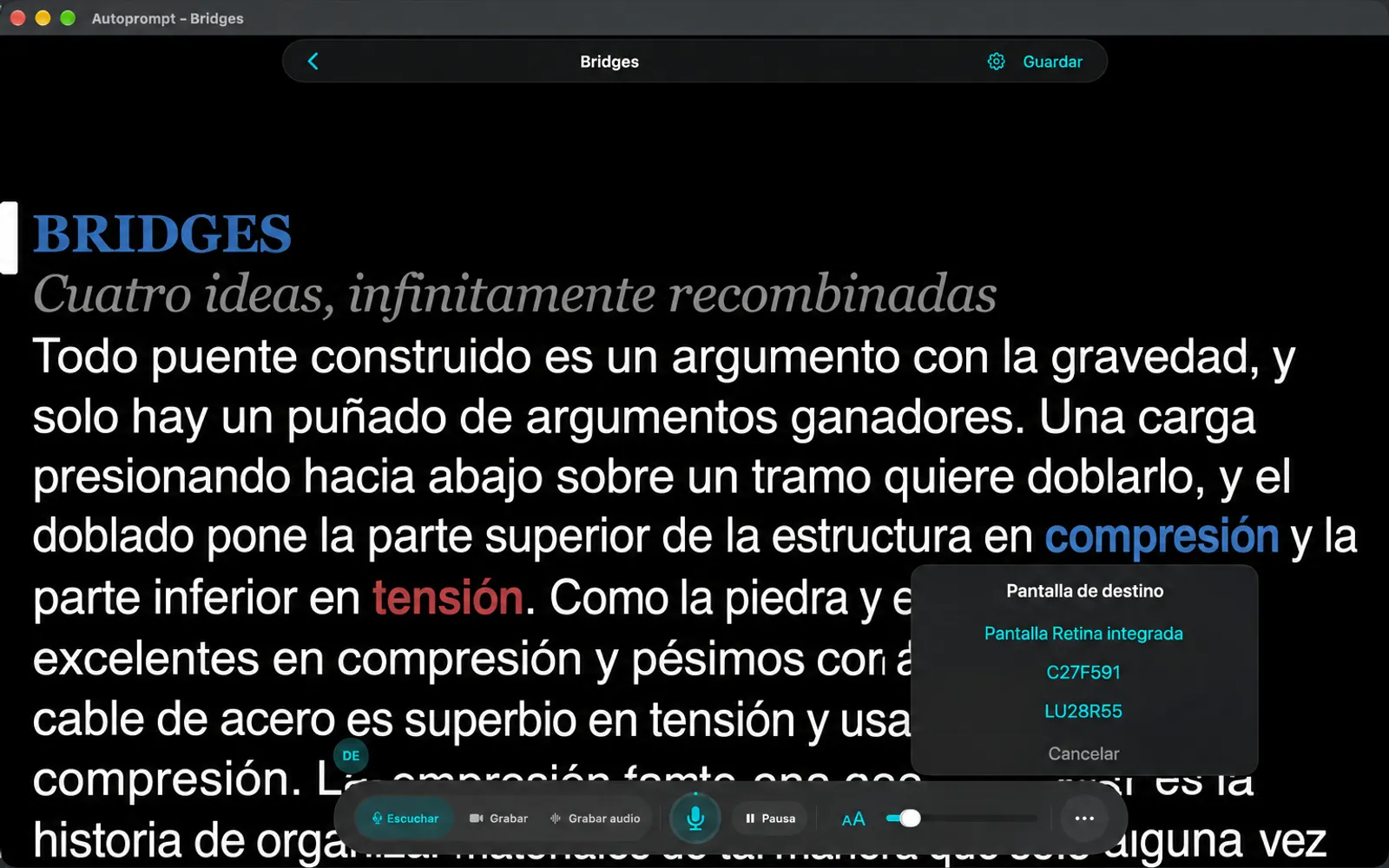 Tarjeta Pantalla de destino que muestra las pantallas conectadas: Pantalla Retina integrada, C27F591 y LU28R55, con un botón Cancelar