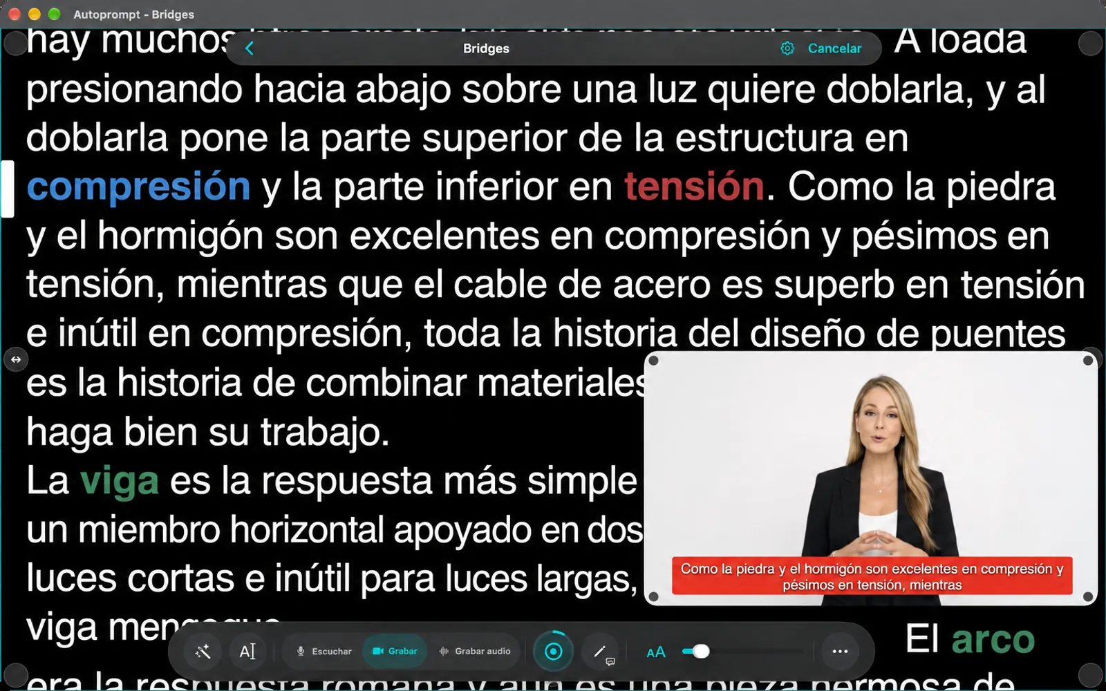 Un script en modo de edición con controles de margen alrededor del texto, y los botones del asistente de IA y la fuente añadidos a la barra de herramientas inferior.