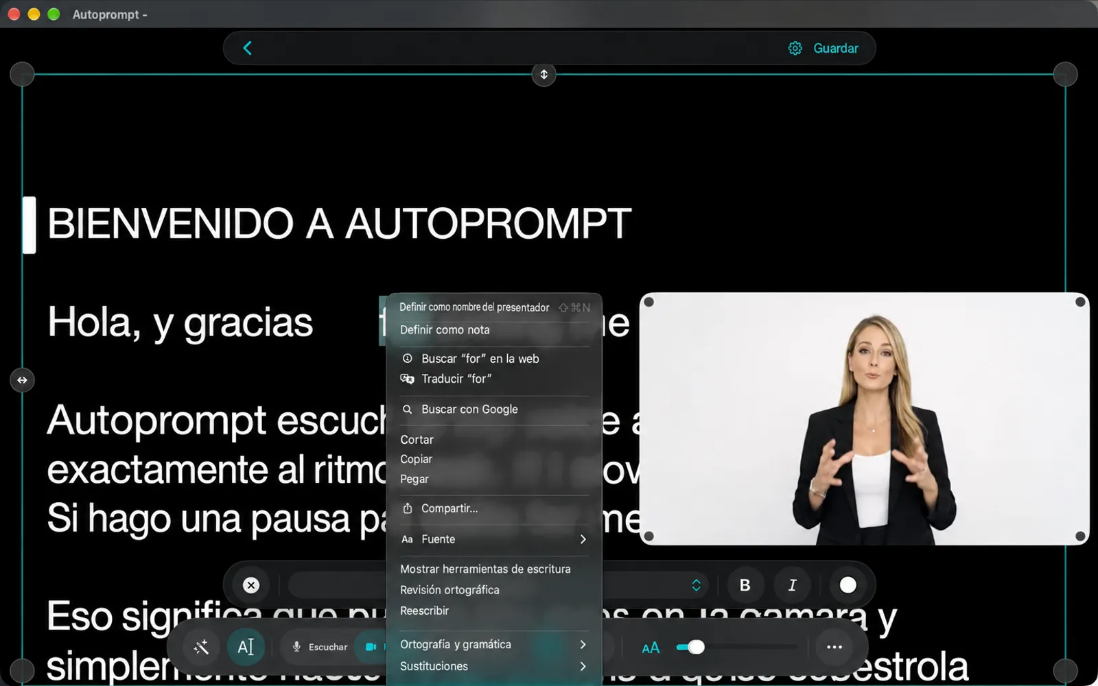 Menú del clic derecho en el editor con Agregar nombre del altavoz, Agregar nota, Cortar, Copiar y Pegar