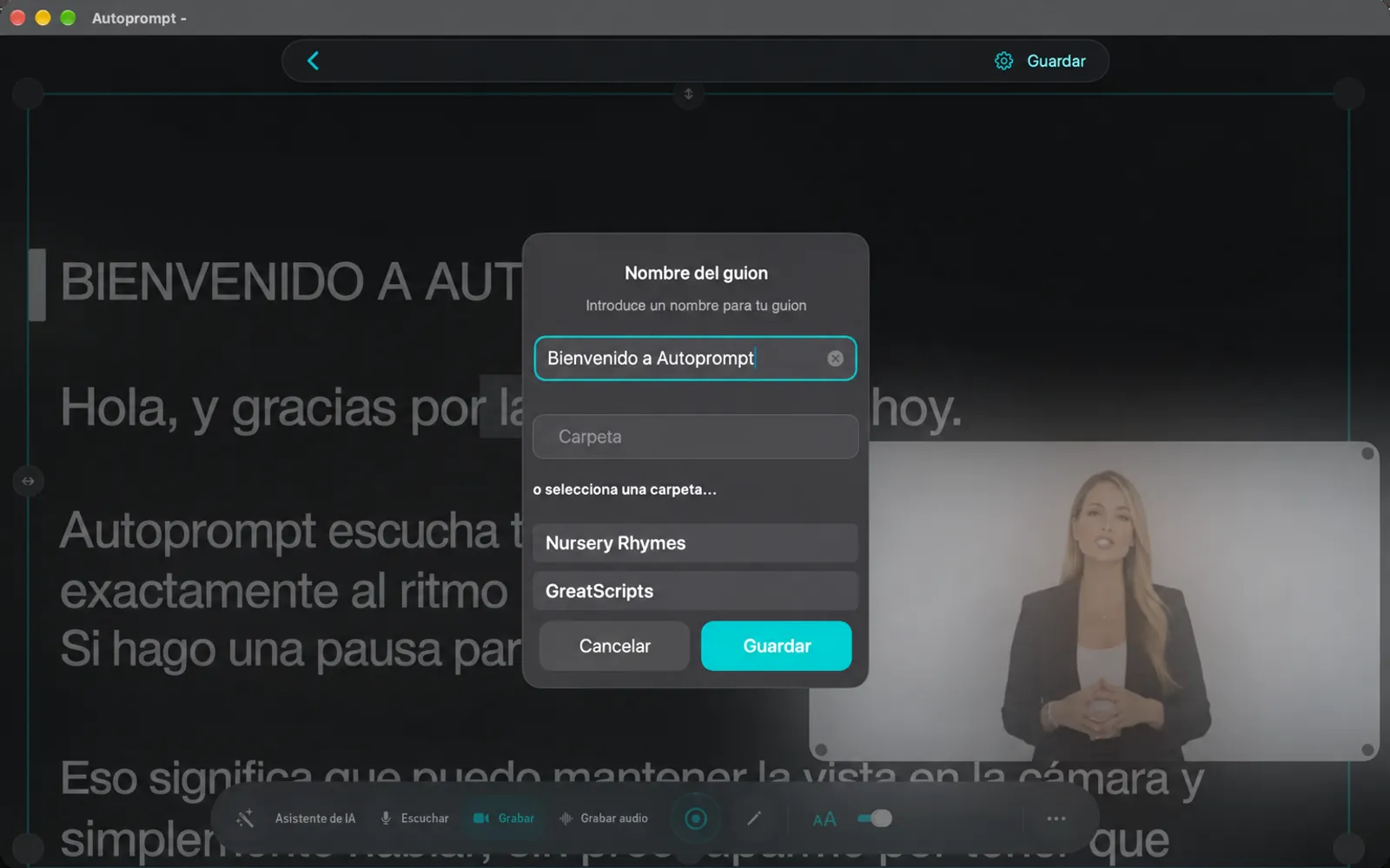 Diálogo de Nombre del script que solicita un nombre y una carpeta opcional