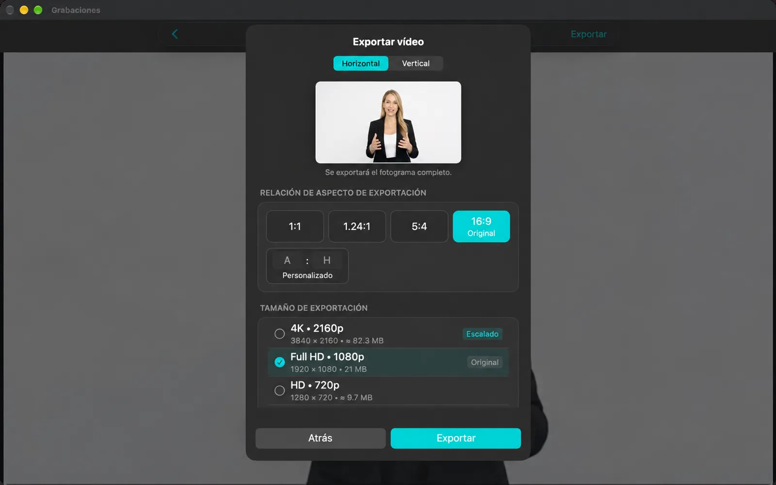 Página de exportación personalizada con opciones de relación de aspecto Landscape/Retrato y tamaños de exportación de 4K a 720p