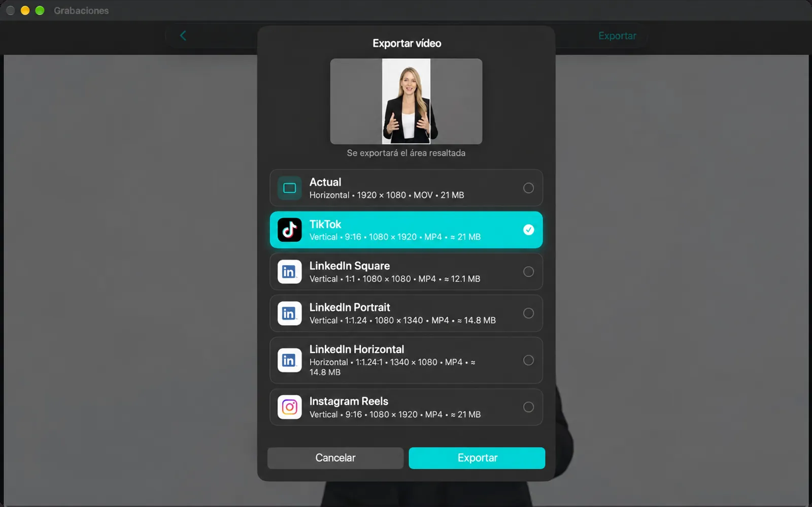 Exportar hoja de vídeo con presets actuales y de redes sociales; TikTok está seleccionado y la vista previa muestra el recorte vertical