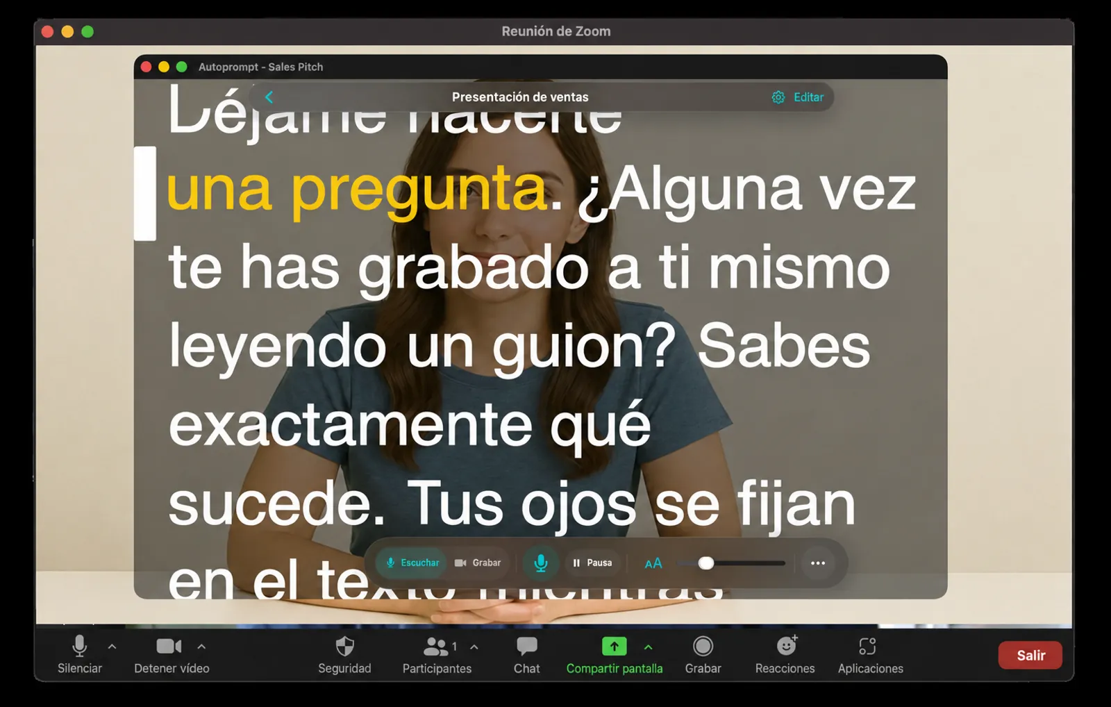 Autoprompt flotando transparentemente sobre una ventana de videollamada