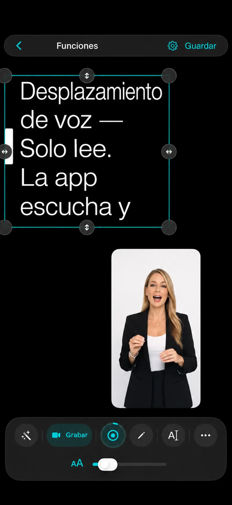 Autoprompt en iPhone con la cámara de visualización propia debajo del script y una barra de herramientas de dos filas