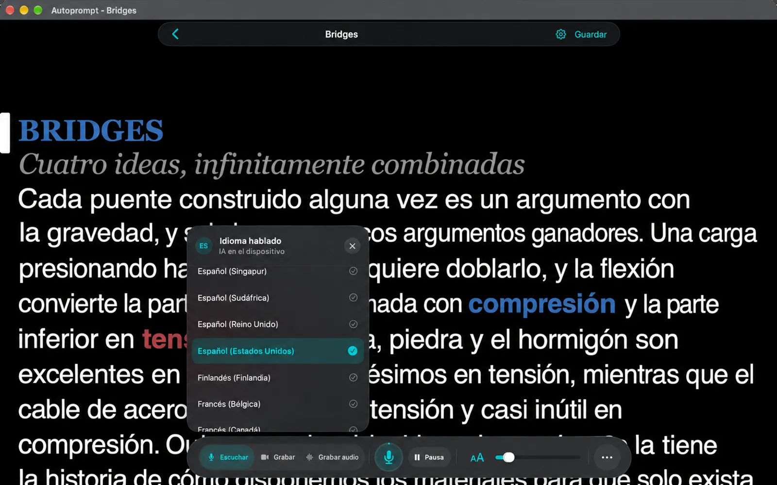 Lista de idiomas de la tarjeta de Idioma hablado con el inglés (Estados Unidos) seleccionado y marcado por IA en el dispositivo
