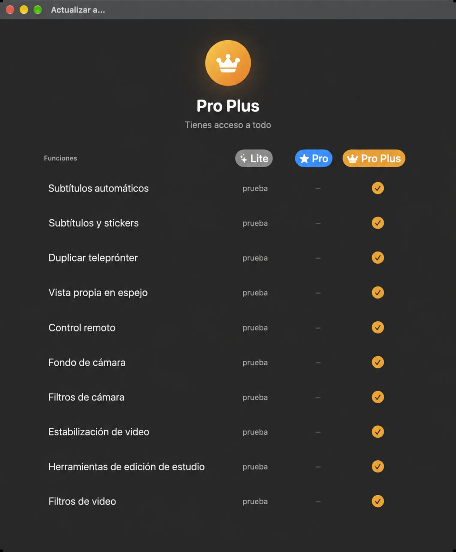 Características de la lista de comparación de planes para Lite, Pro y Pro Plus