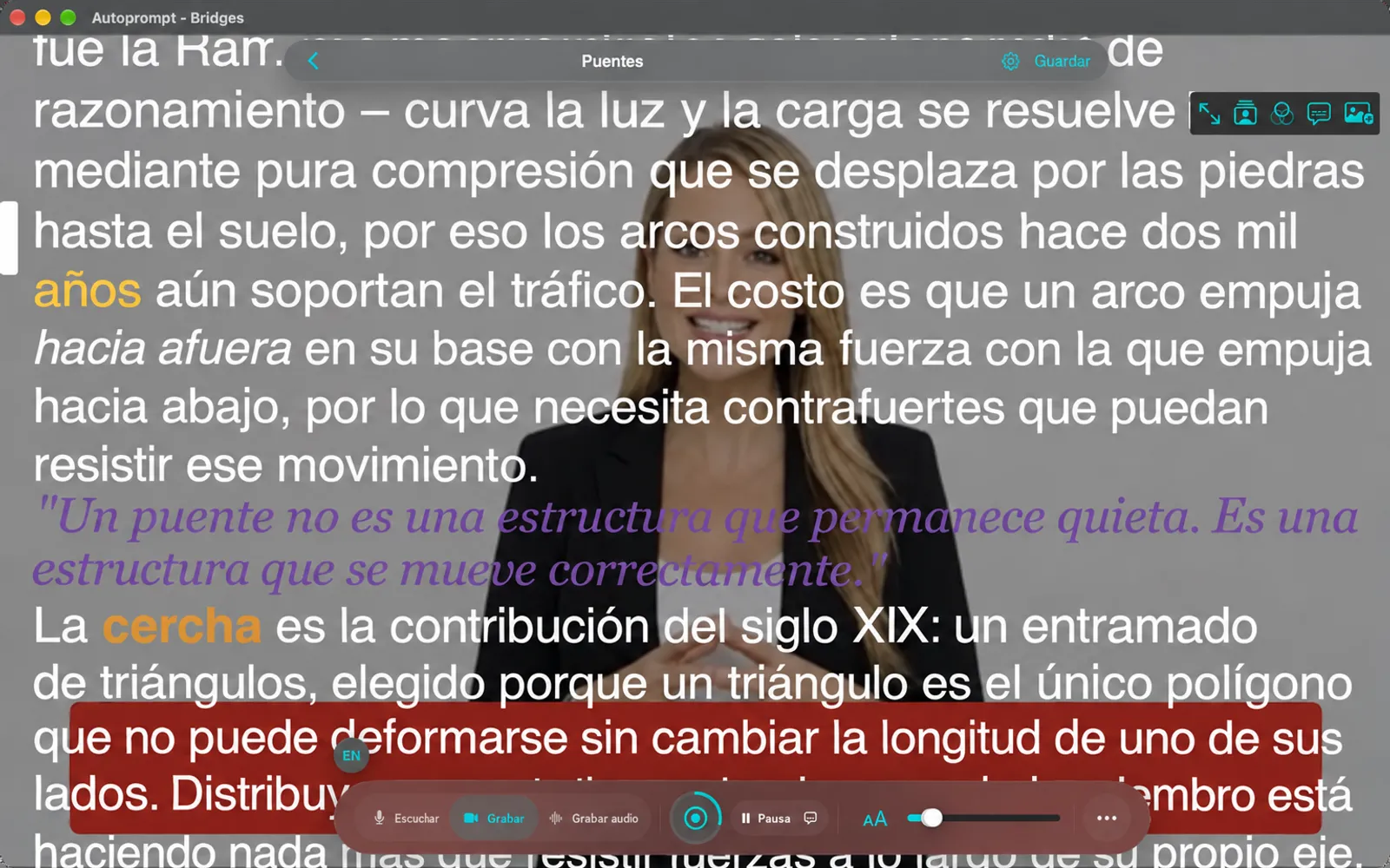 Cámara llenando toda la ventana con el texto del guion superpuesto sobre ella