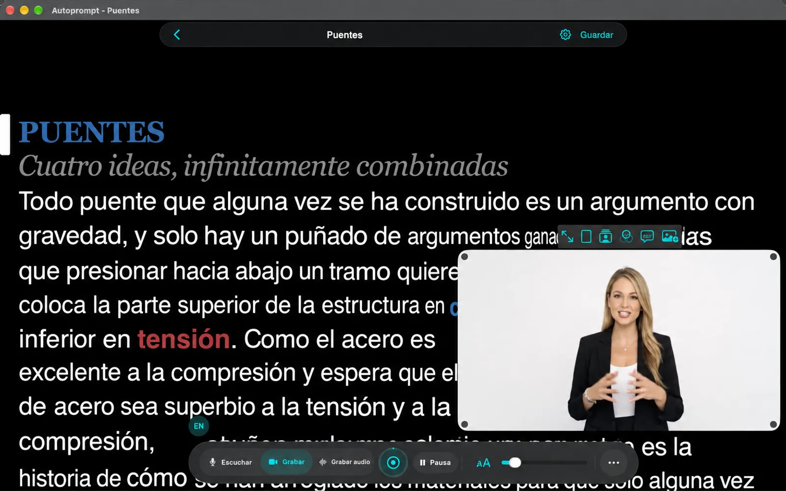 Modo de grabación con la vista previa de la cámara y una fila de seis botones pequeños encima