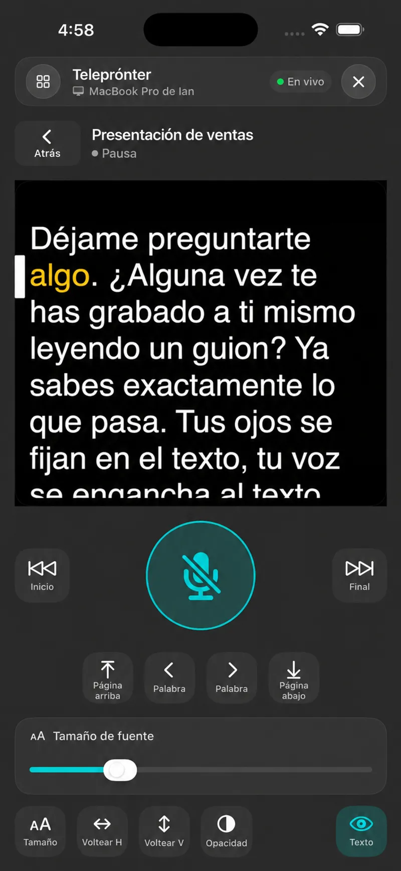 iPhone funcionando como mando remoto, mostrando una copia en vivo del guion, un botón de micrófono grande y controles de Top, End, Página, Palabra, Tamaño de fuente, Mag, Flip y Opacidad