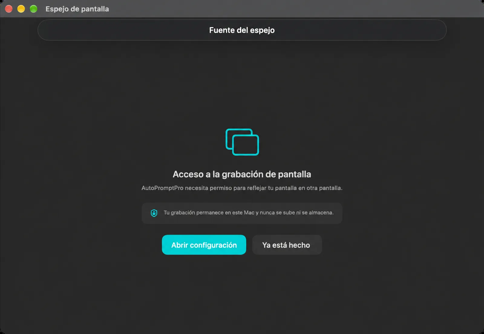 Pantalla de acceso a la grabación de pantalla que solicita permiso para reflejar la pantalla, con botones Abrir Configuración y Ya hecho