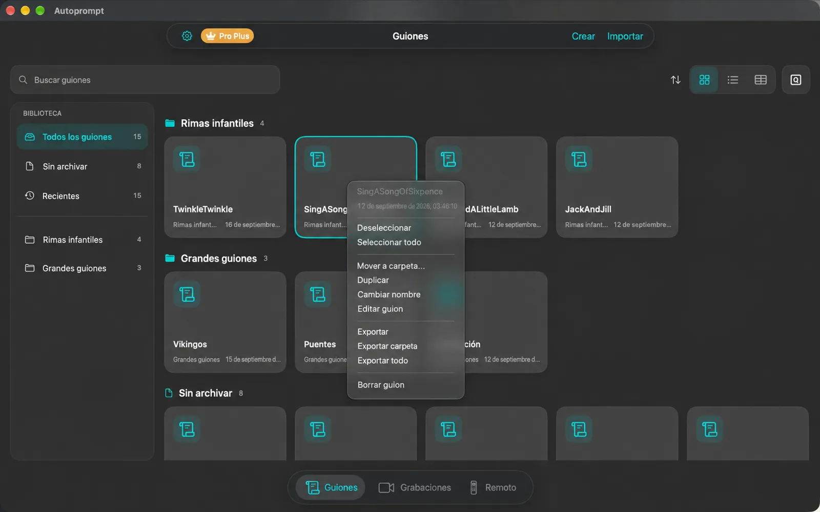 Menú de clic derecho en una lista de ficheros de script Seleccionar, Seleccionar todo, Ir a carpeta, Duplicar, Renombrar, Editar script, Exportar, Exportar carpeta, Exportar todo y Eliminar script
