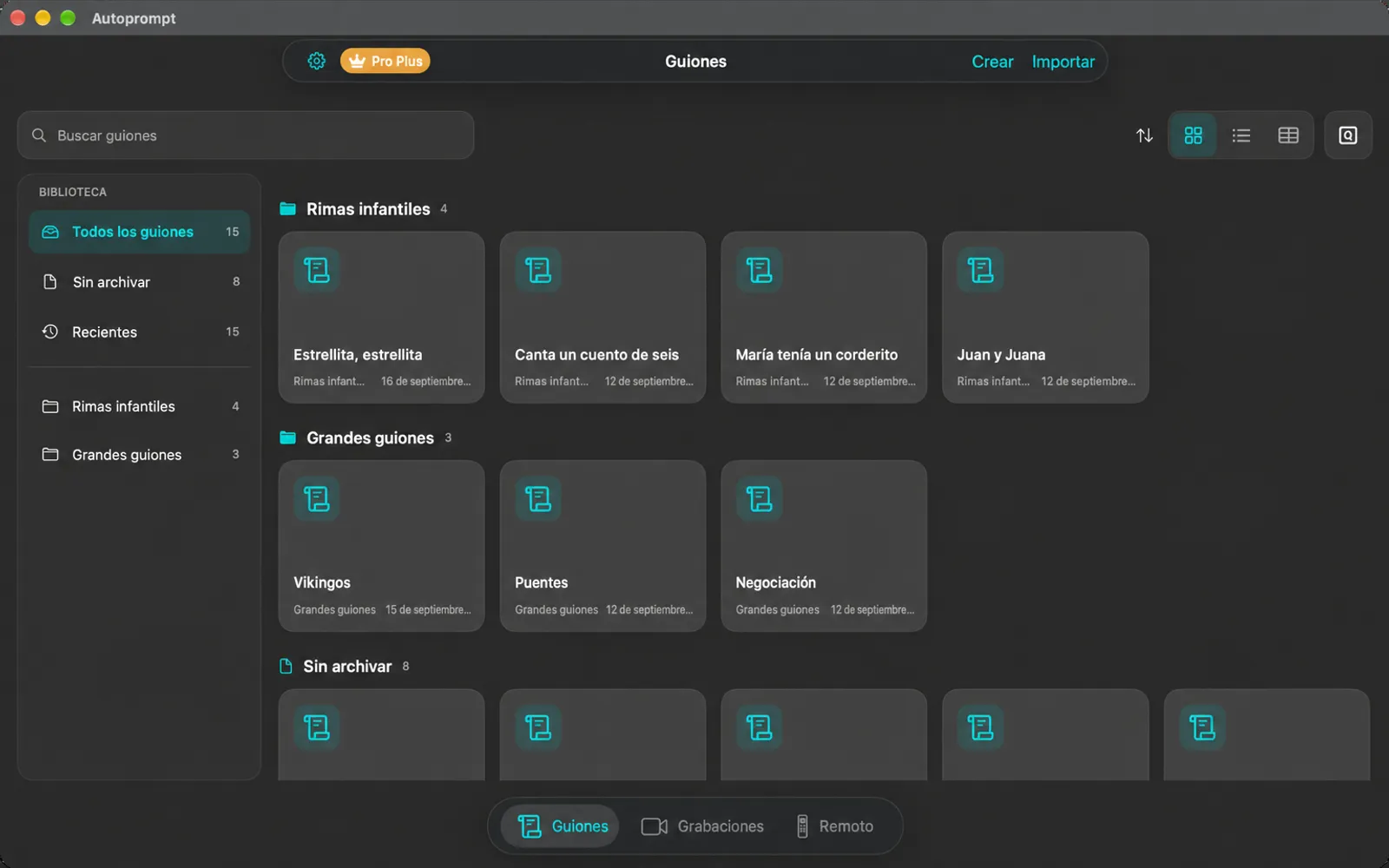 La ventana principal de Autoprompt que muestra la biblioteca de Scripts con carpetas en una barra lateral y scripts como fichas