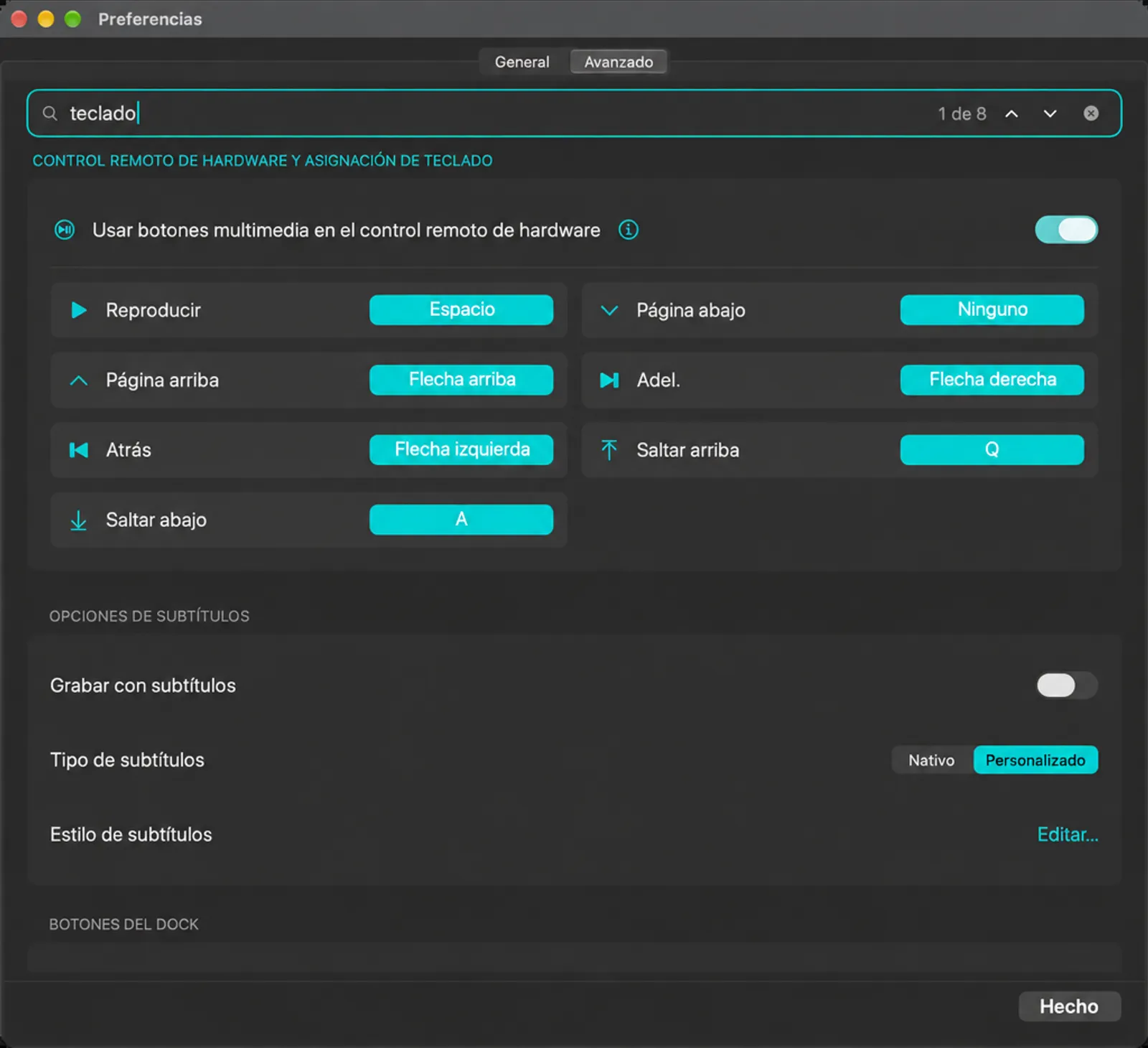 Lista de tarjetas de control remoto de hardware y mapeo de teclado con los botones de reproducción, Desplazamiento hacia abajo, Desplazamiento hacia arriba, Saltar adelante, Saltar atrás, Saltar arriba y Saltar abajo con sus botones